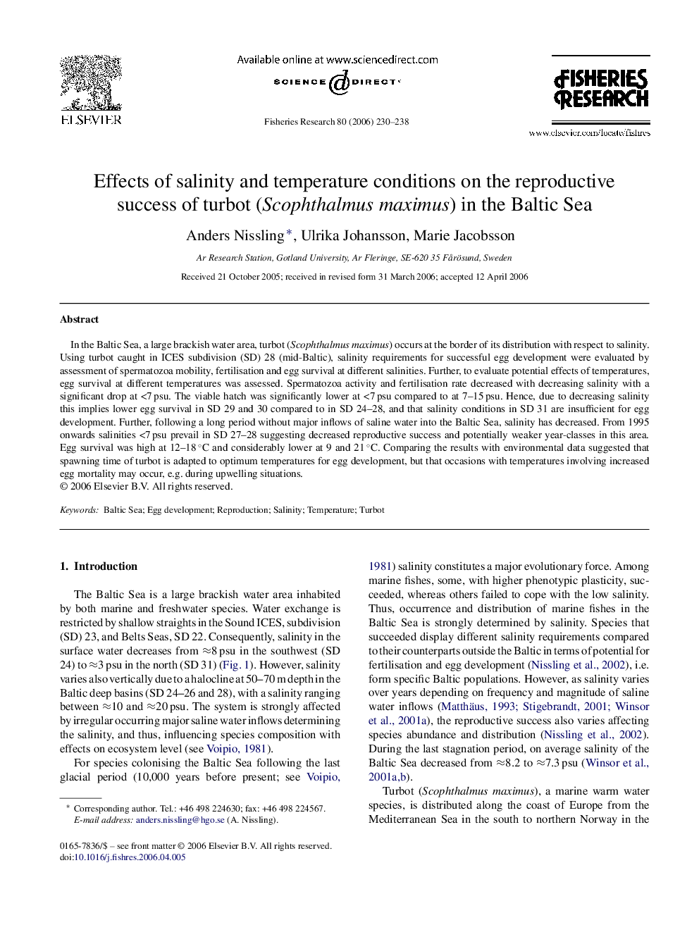 Effects of salinity and temperature conditions on the reproductive success of turbot (Scophthalmus maximus) in the Baltic Sea