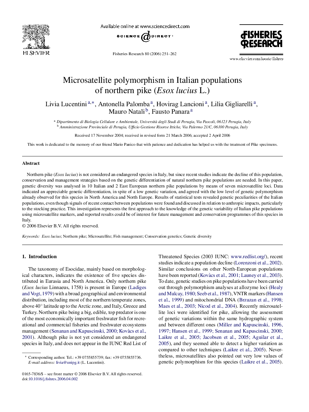 Microsatellite polymorphism in Italian populations of northern pike (Esox lucius L.)