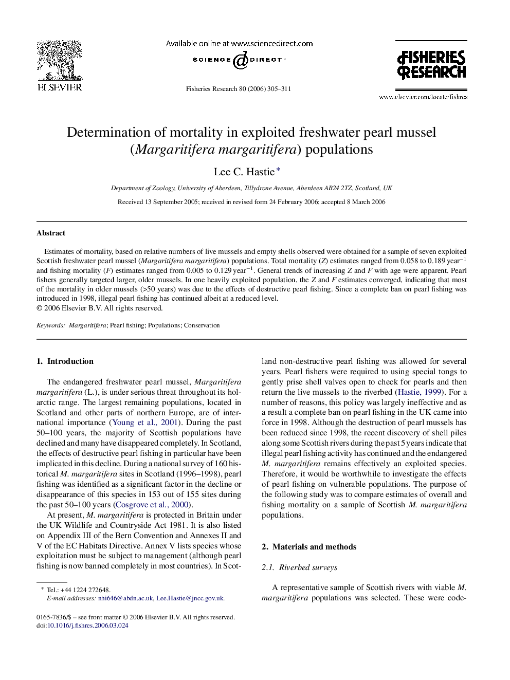 Determination of mortality in exploited freshwater pearl mussel (Margaritifera margaritifera) populations