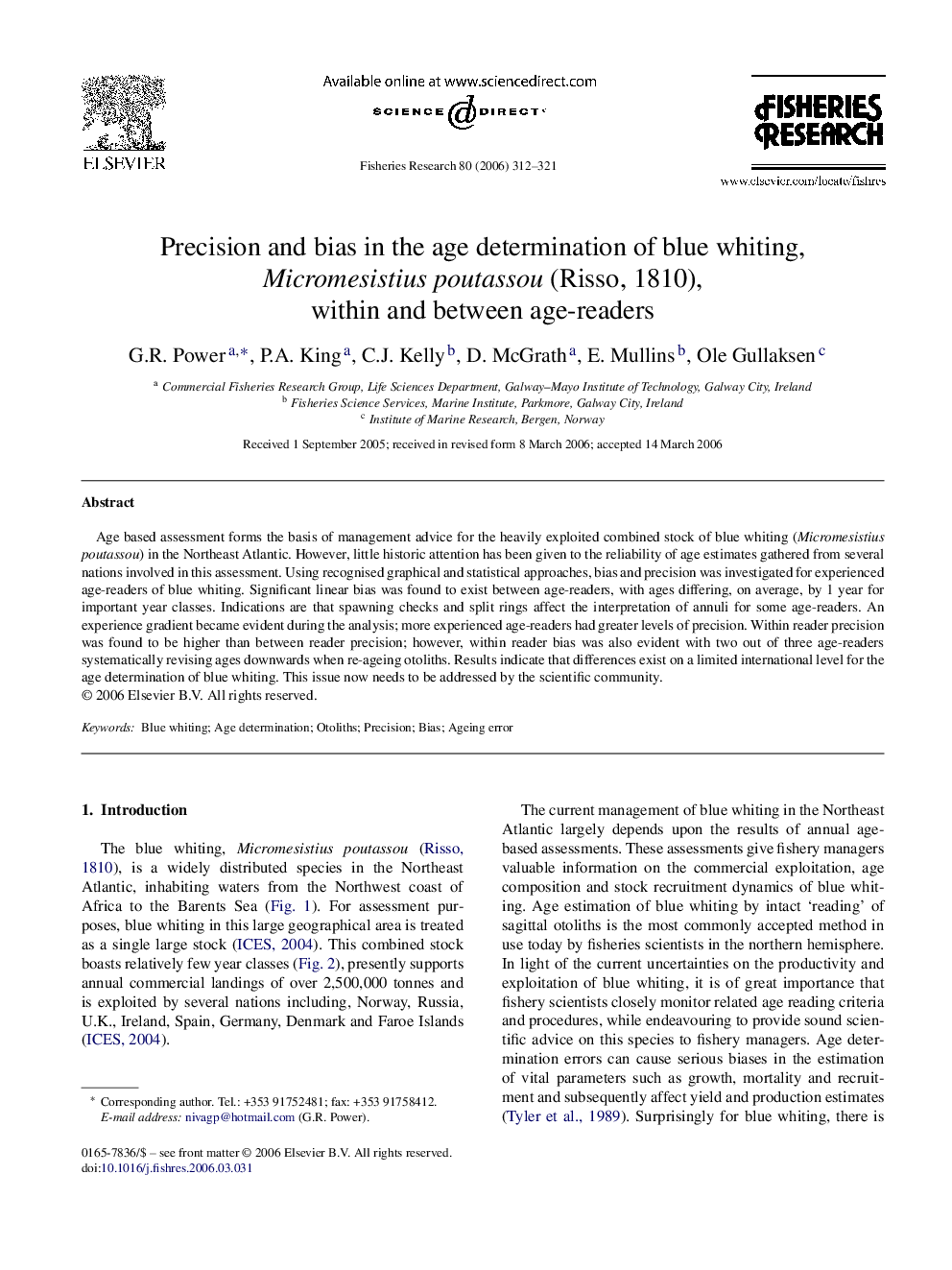 Precision and bias in the age determination of blue whiting, Micromesistius poutassou (Risso, 1810), within and between age-readers