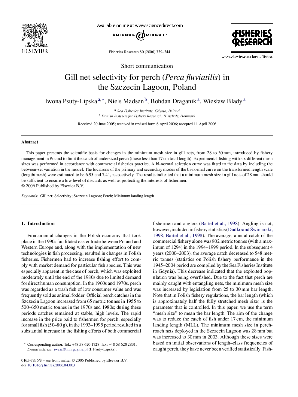 Gill net selectivity for perch (Perca fluviatilis) in the Szczecin Lagoon, Poland