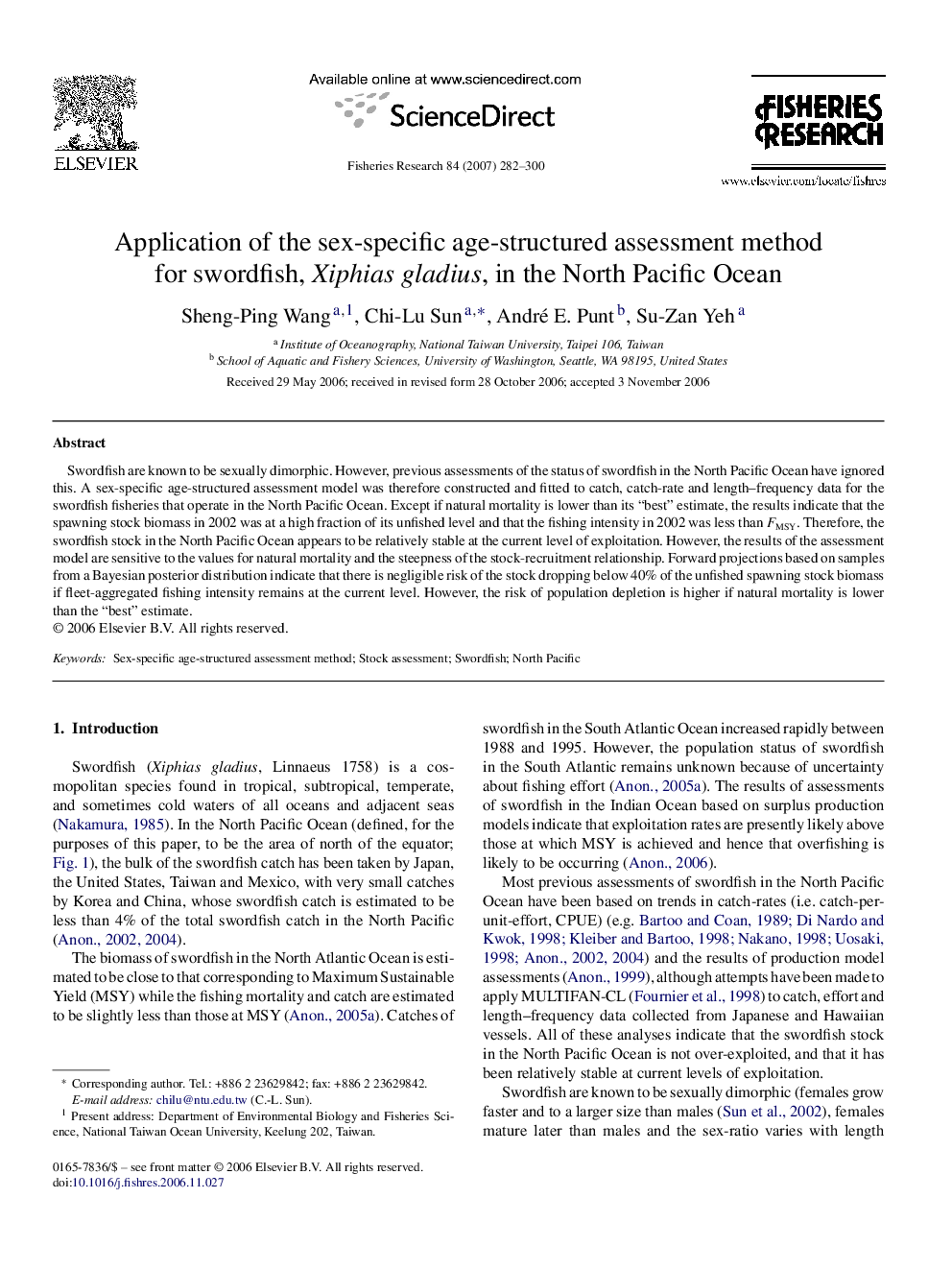 Application of the sex-specific age-structured assessment method for swordfish, Xiphias gladius, in the North Pacific Ocean