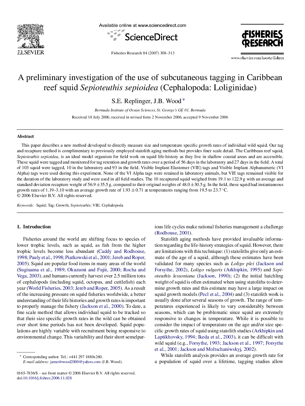 A preliminary investigation of the use of subcutaneous tagging in Caribbean reef squid Sepioteuthis sepioidea (Cephalopoda: Loliginidae)