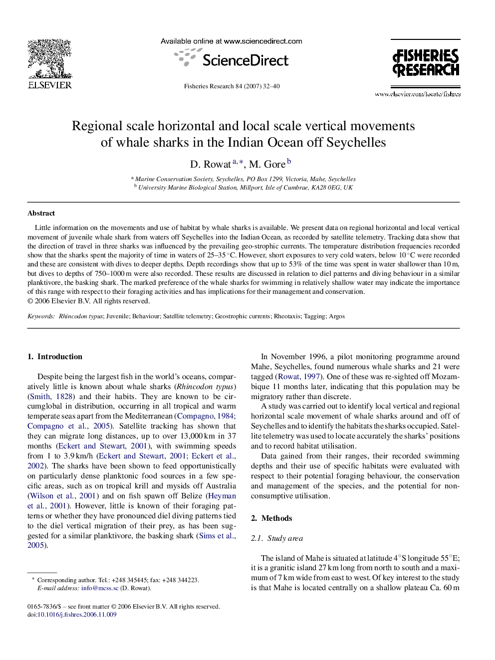 Regional scale horizontal and local scale vertical movements of whale sharks in the Indian Ocean off Seychelles