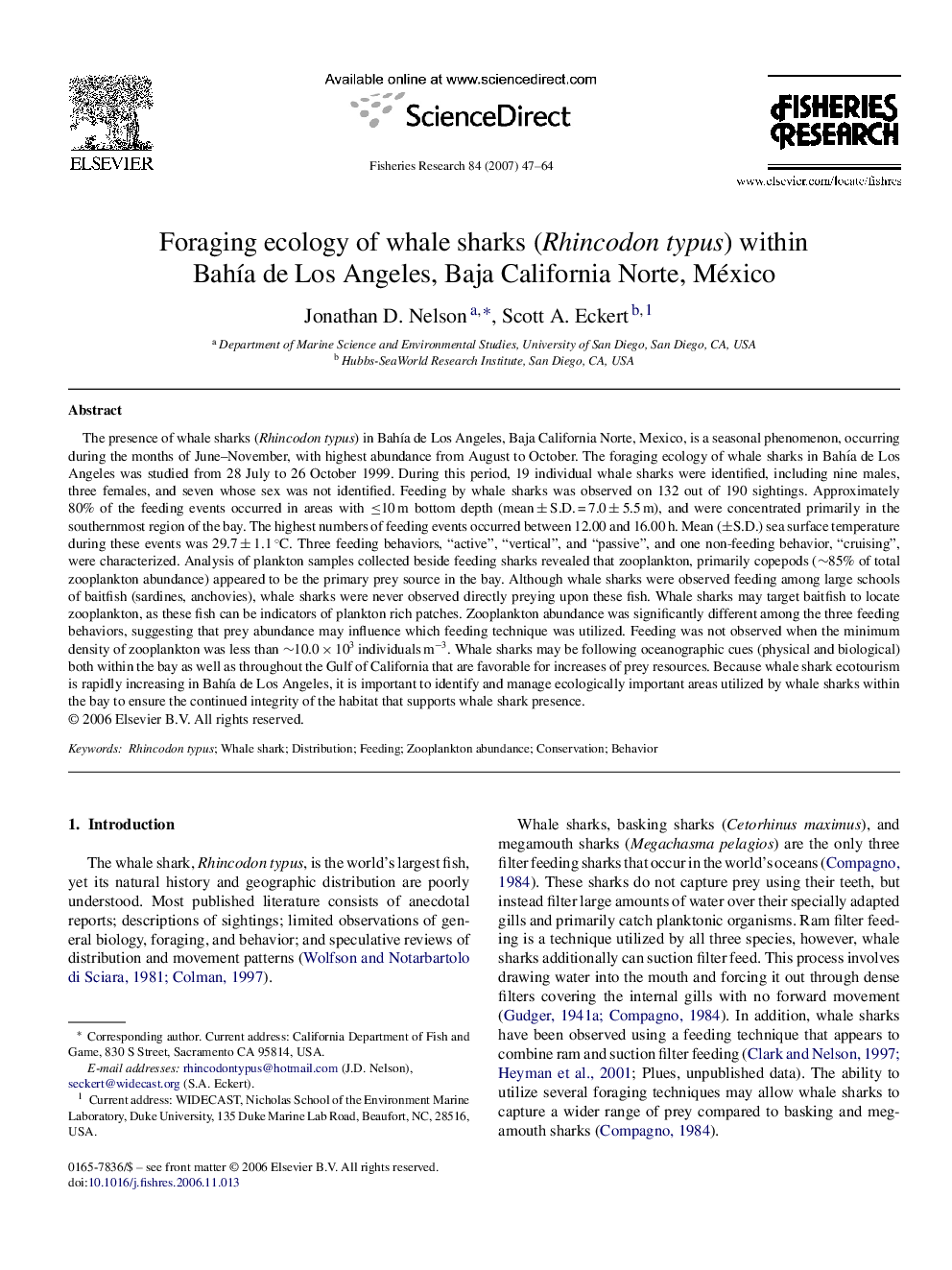 Foraging ecology of whale sharks (Rhincodon typus) within Bahía de Los Angeles, Baja California Norte, México