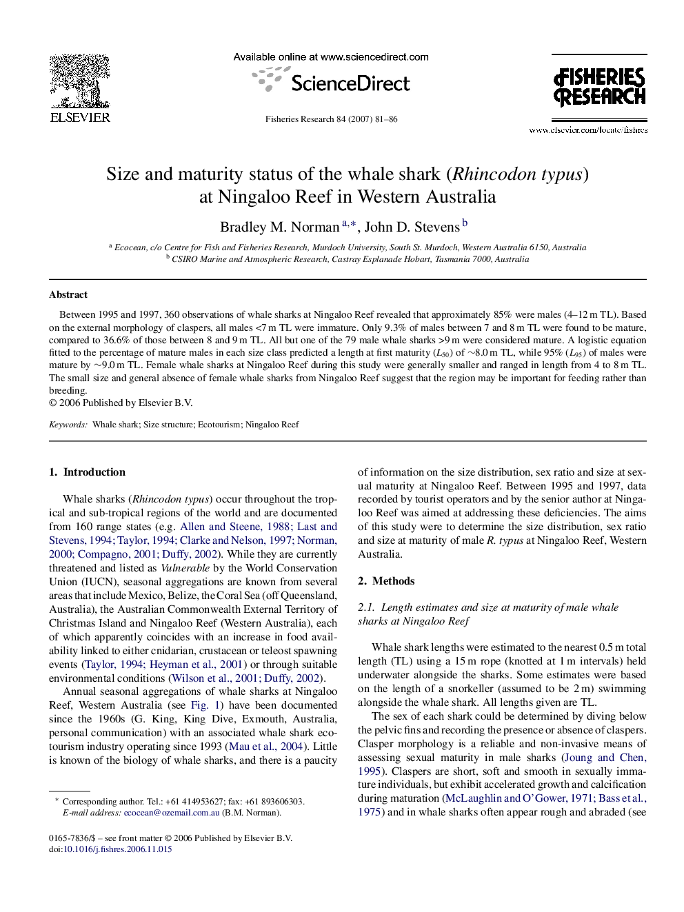 Size and maturity status of the whale shark (Rhincodon typus) at Ningaloo Reef in Western Australia