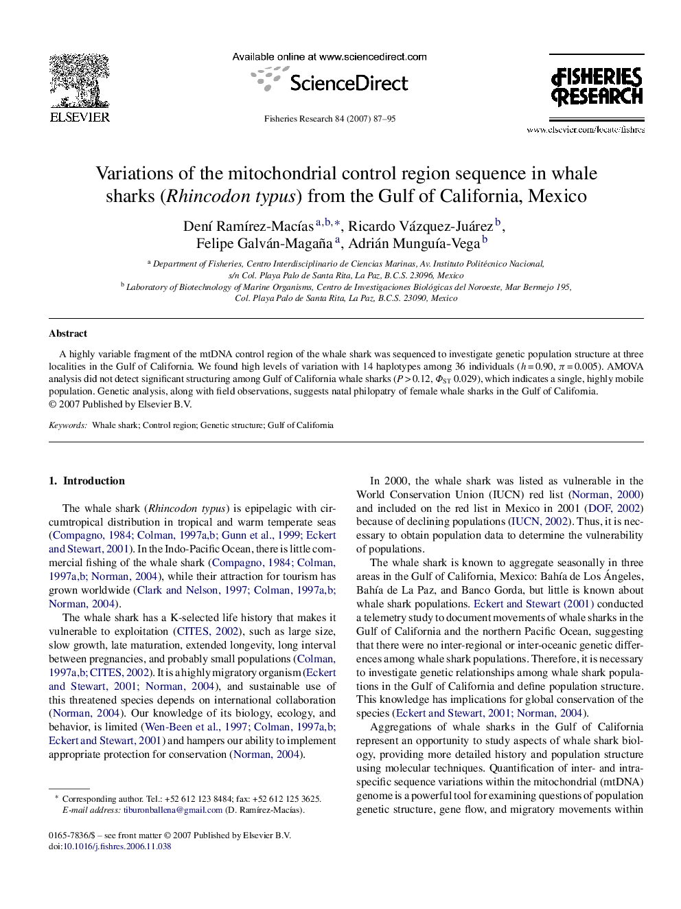 Variations of the mitochondrial control region sequence in whale sharks (Rhincodon typus) from the Gulf of California, Mexico