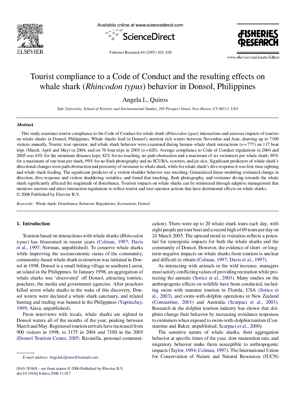 Tourist compliance to a Code of Conduct and the resulting effects on whale shark (Rhincodon typus) behavior in Donsol, Philippines