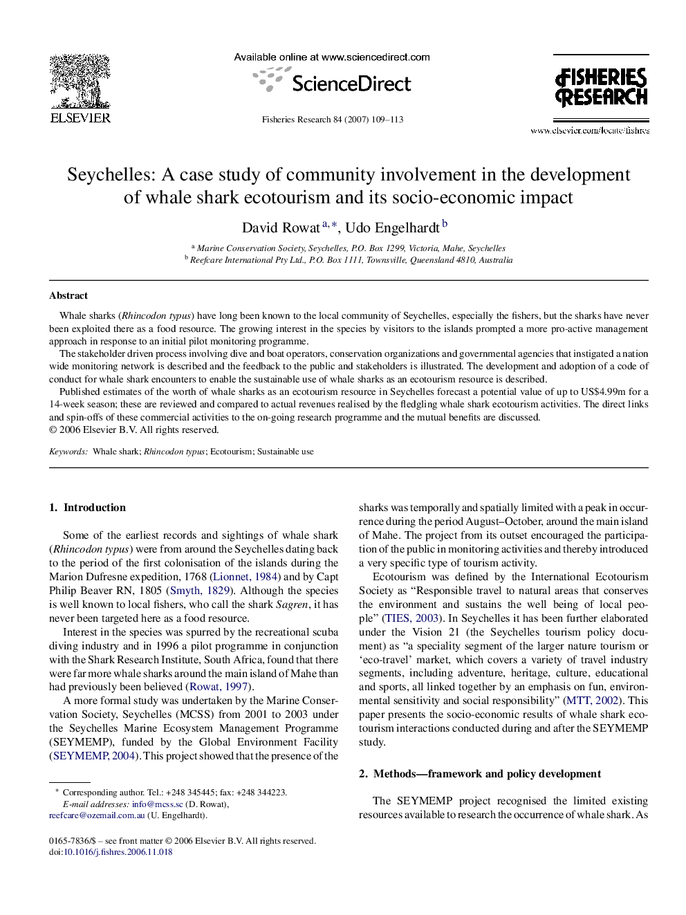 Seychelles: A case study of community involvement in the development of whale shark ecotourism and its socio-economic impact