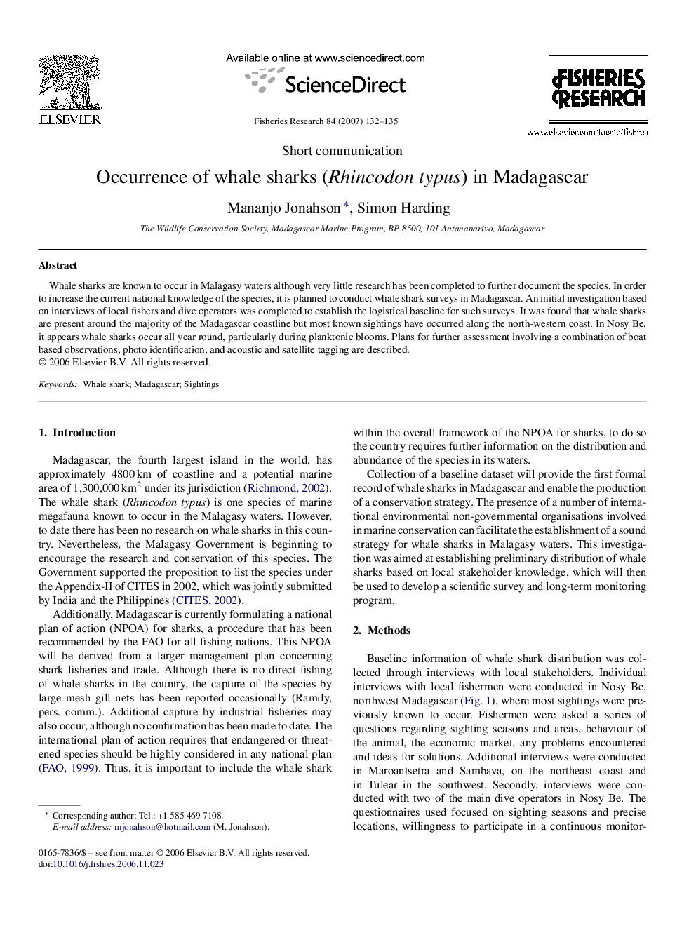 Occurrence of whale sharks (Rhincodon typus) in Madagascar