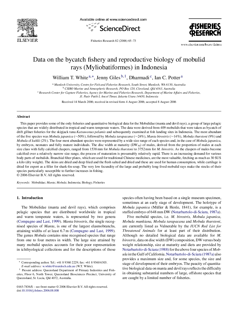 Data on the bycatch fishery and reproductive biology of mobulid rays (Myliobatiformes) in Indonesia