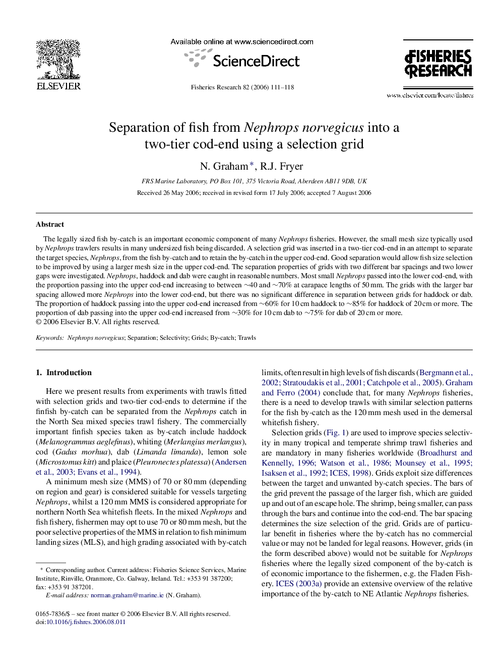 Separation of fish from Nephrops norvegicus into a two-tier cod-end using a selection grid