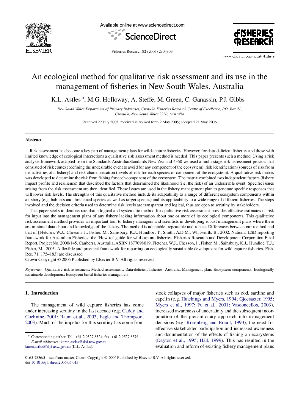 An ecological method for qualitative risk assessment and its use in the management of fisheries in New South Wales, Australia