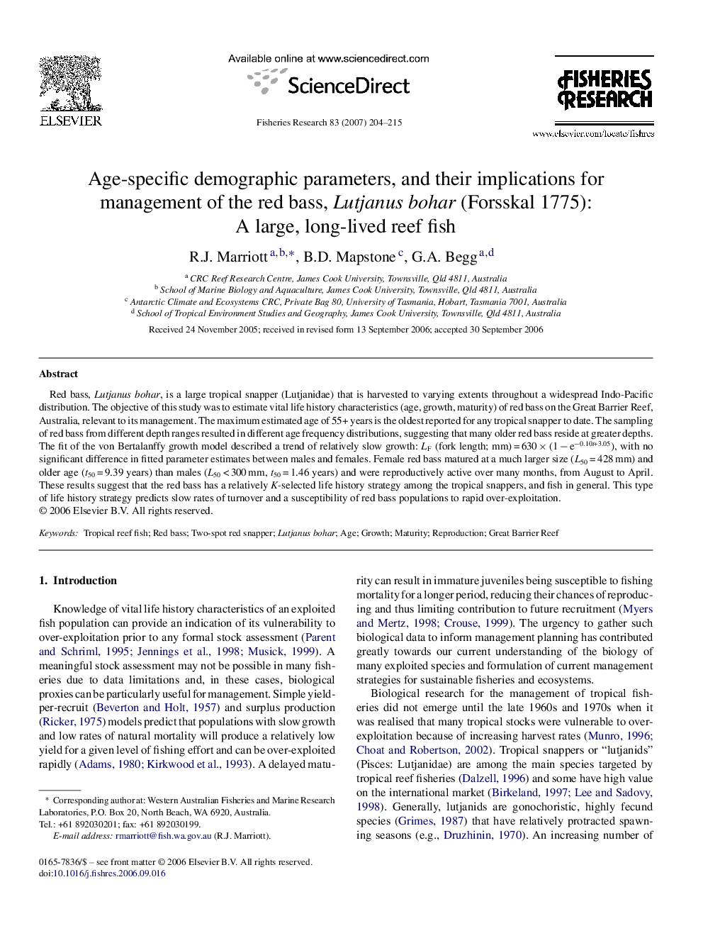 Age-specific demographic parameters, and their implications for management of the red bass, Lutjanus bohar (Forsskal 1775): A large, long-lived reef fish