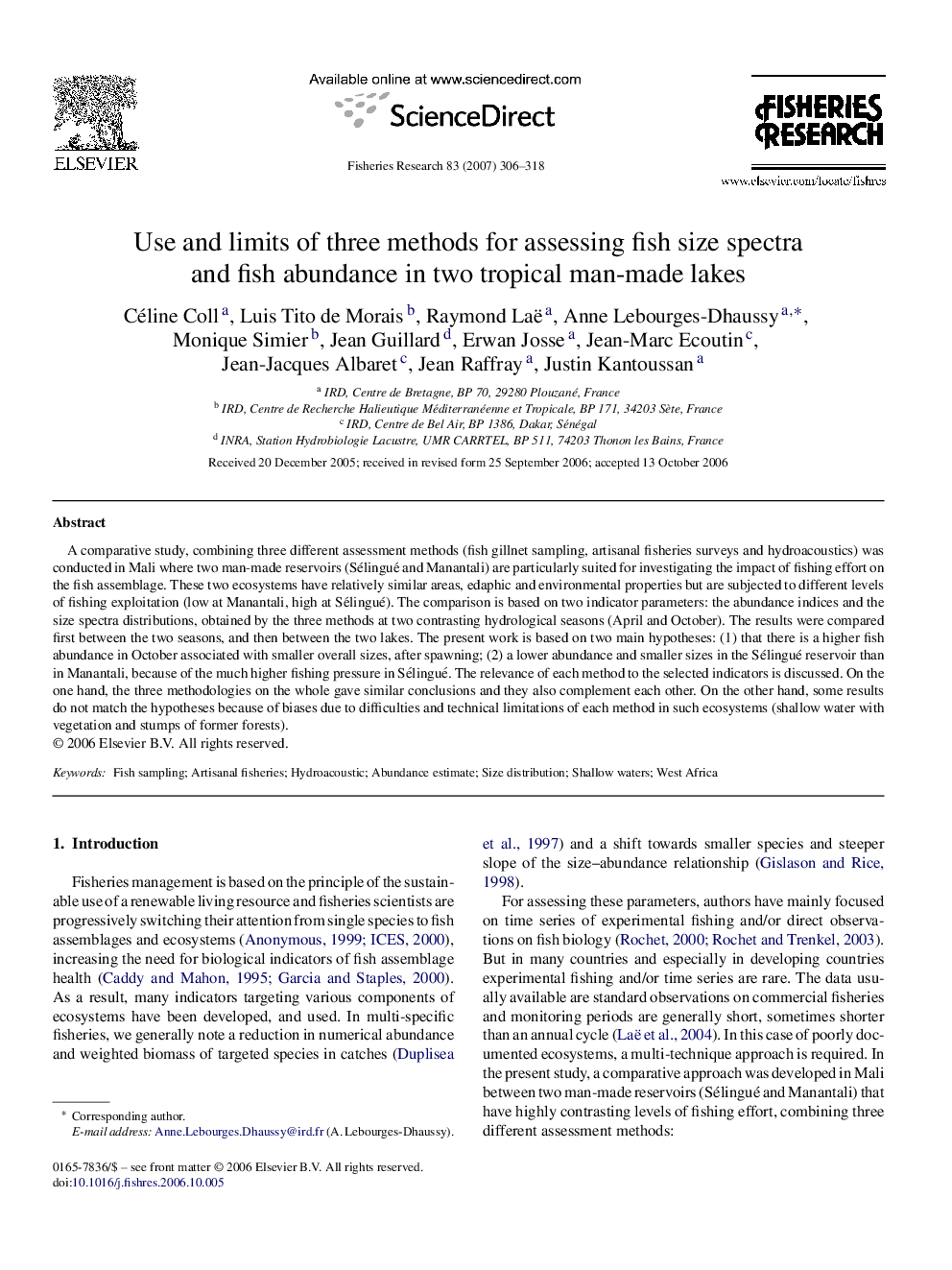 Use and limits of three methods for assessing fish size spectra and fish abundance in two tropical man-made lakes