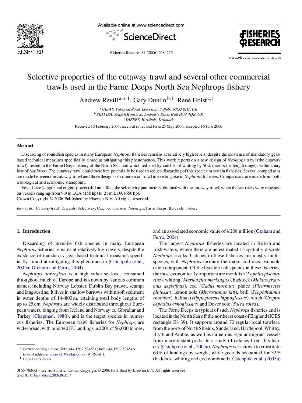 Selective properties of the cutaway trawl and several other commercial trawls used in the Farne Deeps North Sea Nephrops fishery