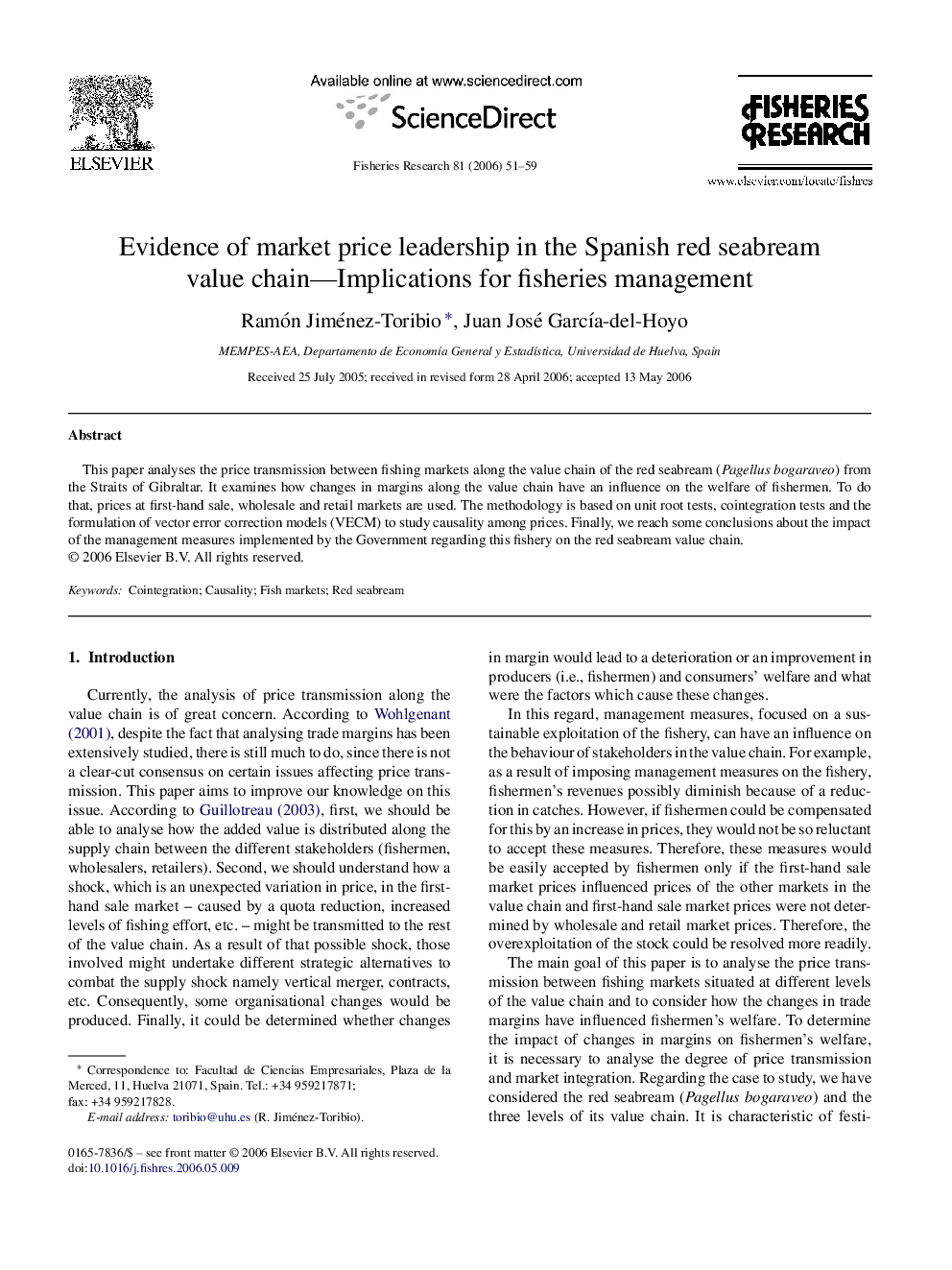 Evidence of market price leadership in the Spanish red seabream value chain—Implications for fisheries management