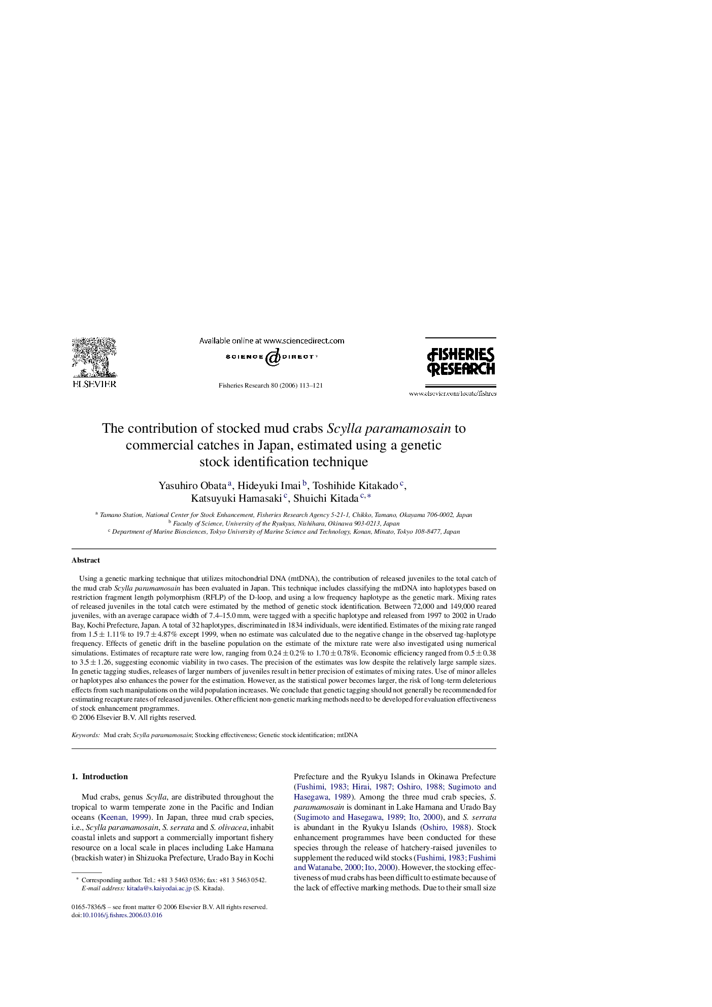 The contribution of stocked mud crabs Scylla paramamosain to commercial catches in Japan, estimated using a genetic stock identification technique