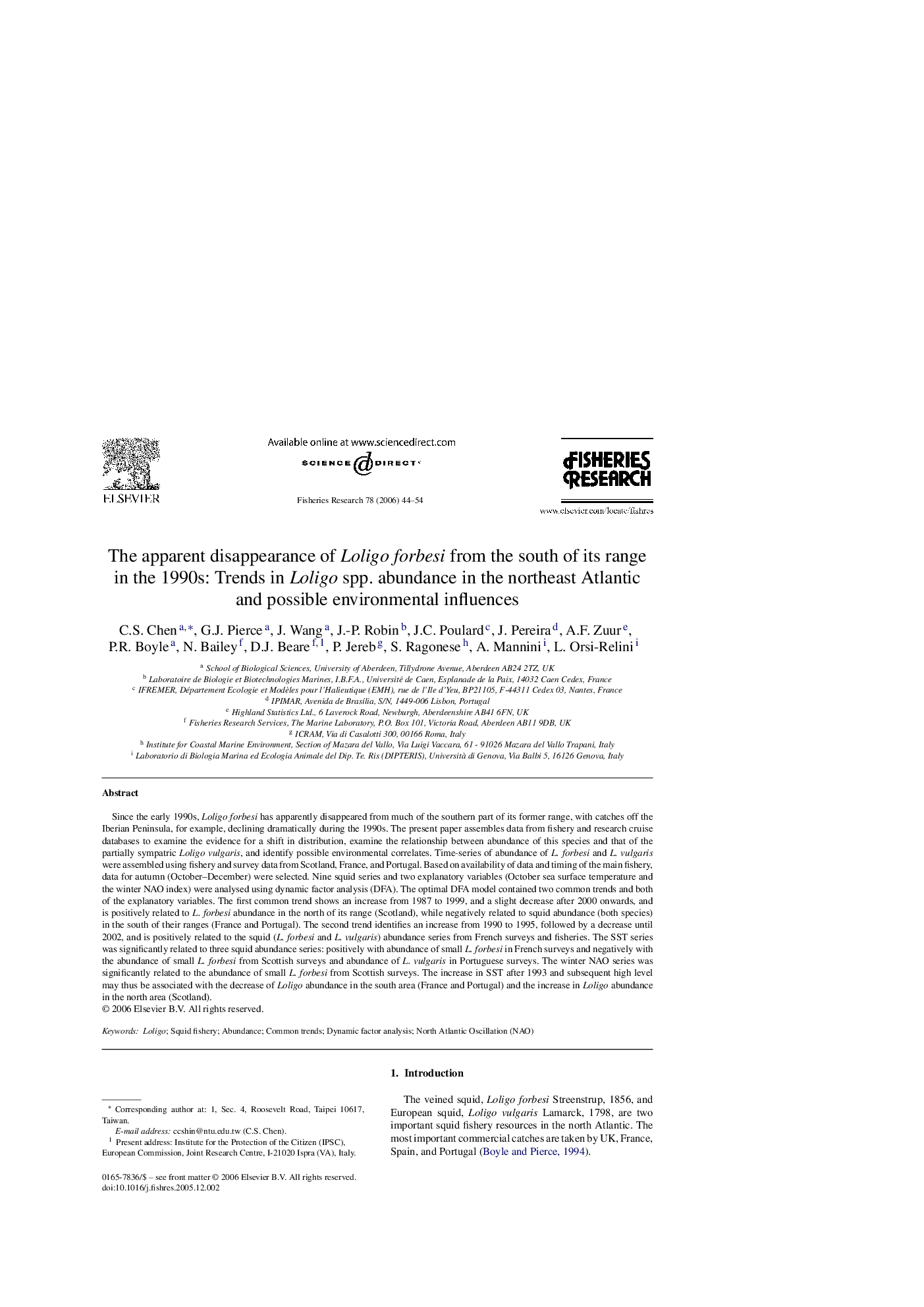 The apparent disappearance of Loligo forbesi from the south of its range in the 1990s: Trends in Loligo spp. abundance in the northeast Atlantic and possible environmental influences