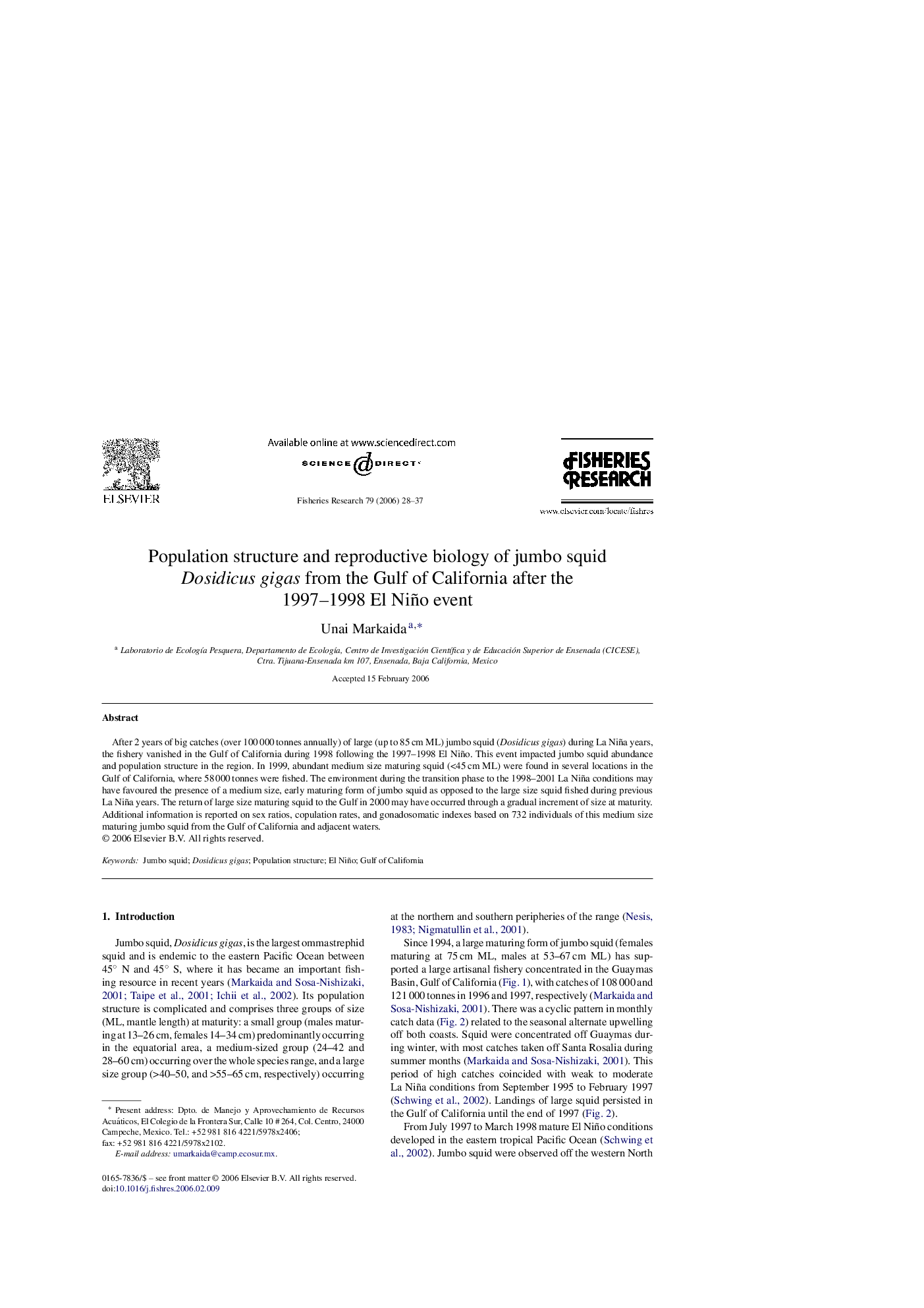 Population structure and reproductive biology of jumbo squid Dosidicus gigas from the Gulf of California after the 1997–1998 El Niño event