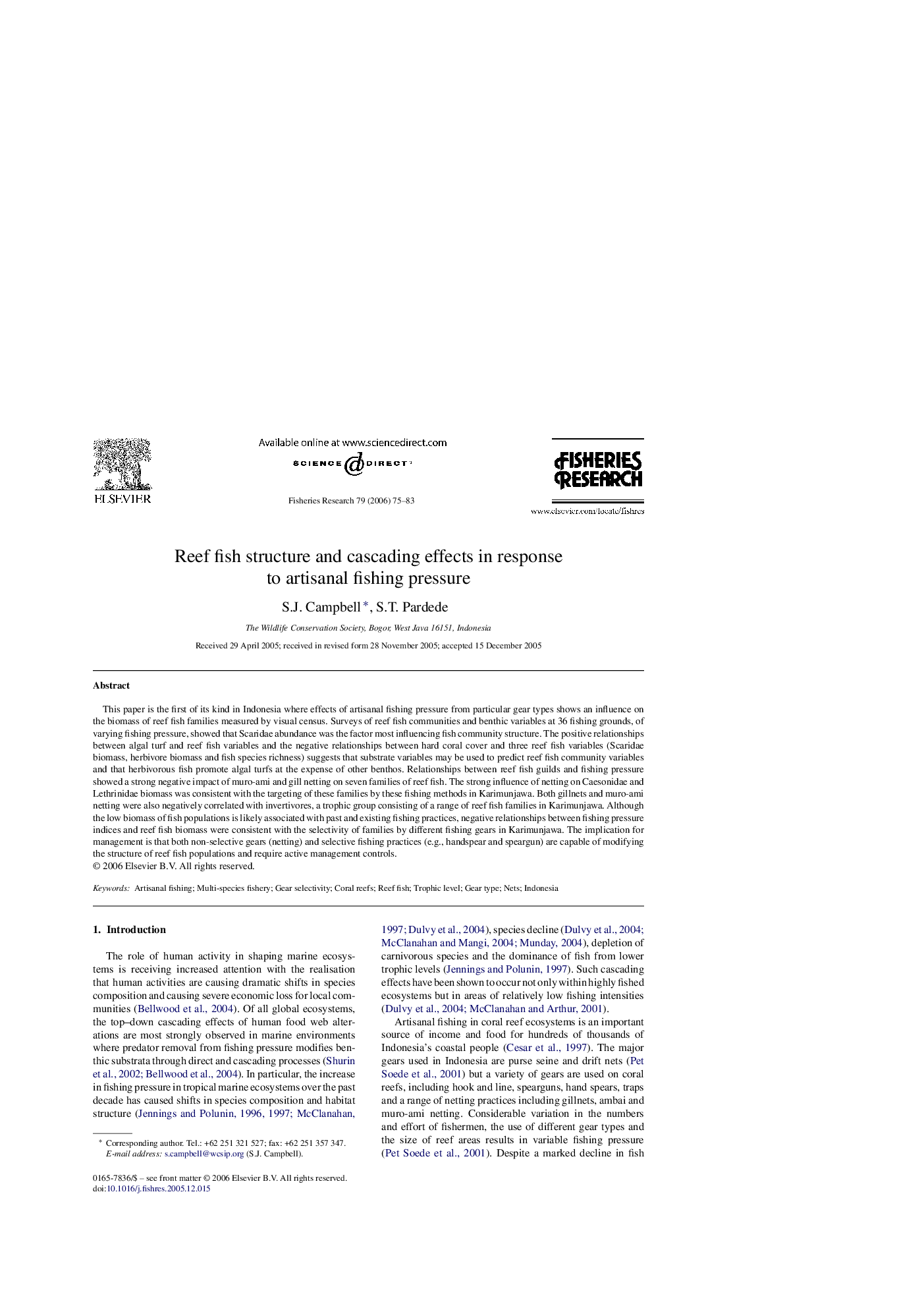 عکس صفحه اول مقاله: Reef fish structure and cascading effects in response to artisanal fishing pressure Reef fish structure and cascading effects in response to artisanal fishing pressure