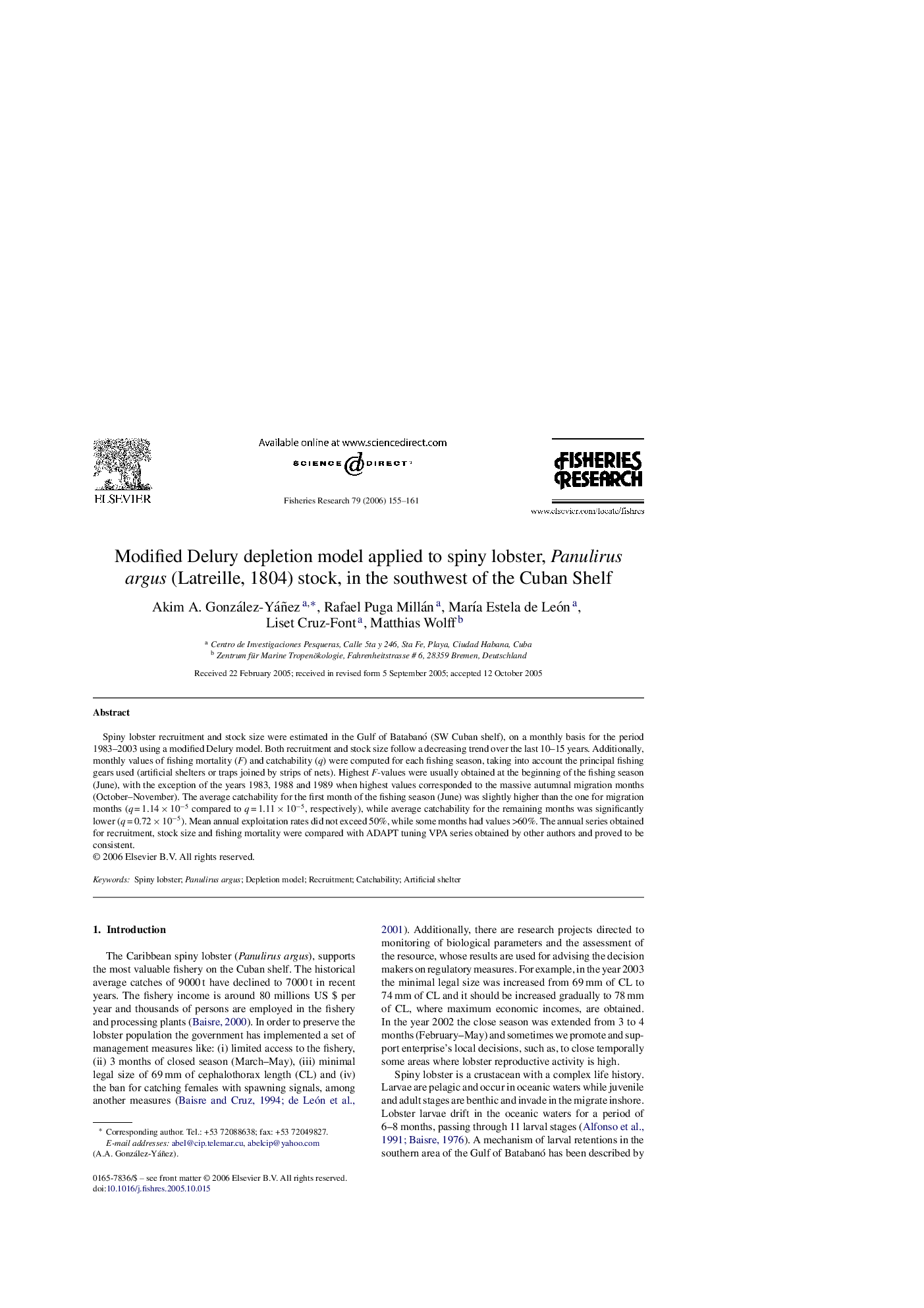 Modified Delury depletion model applied to spiny lobster, Panulirus argus (Latreille, 1804) stock, in the southwest of the Cuban Shelf