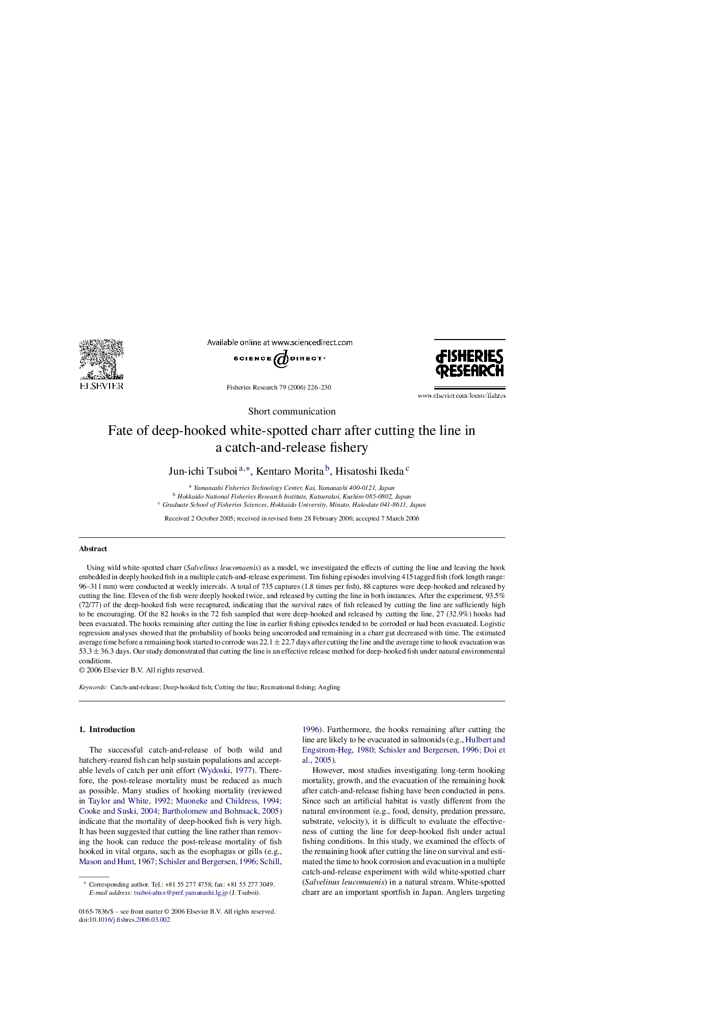 Fate of deep-hooked white-spotted charr after cutting the line in a catch-and-release fishery