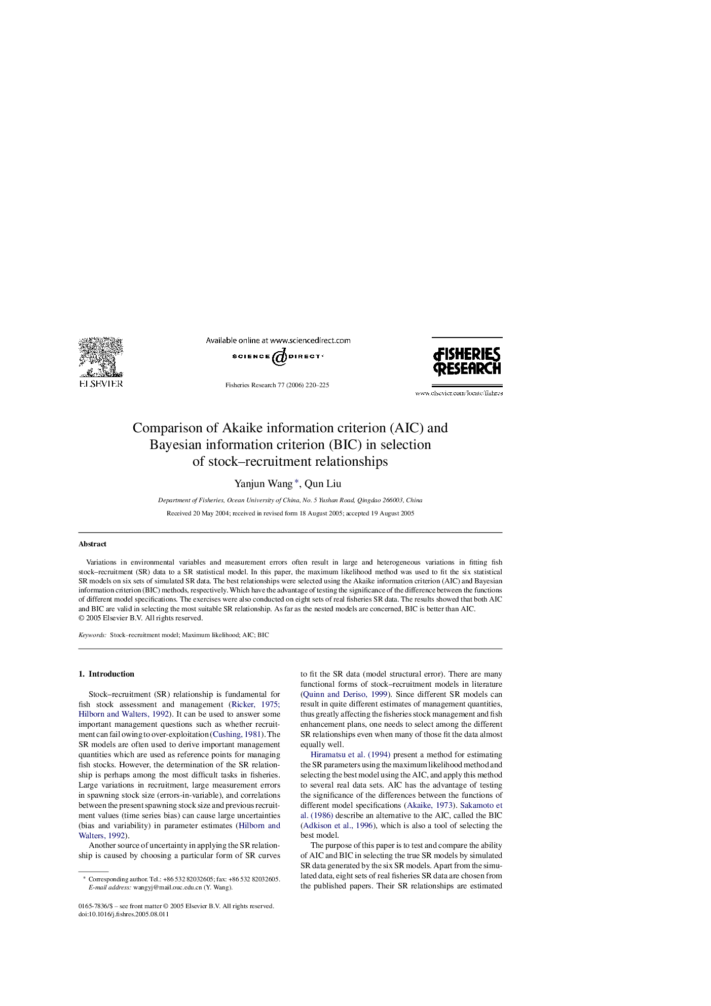 Comparison of Akaike information criterion (AIC) and Bayesian information criterion (BIC) in selection of stock–recruitment relationships