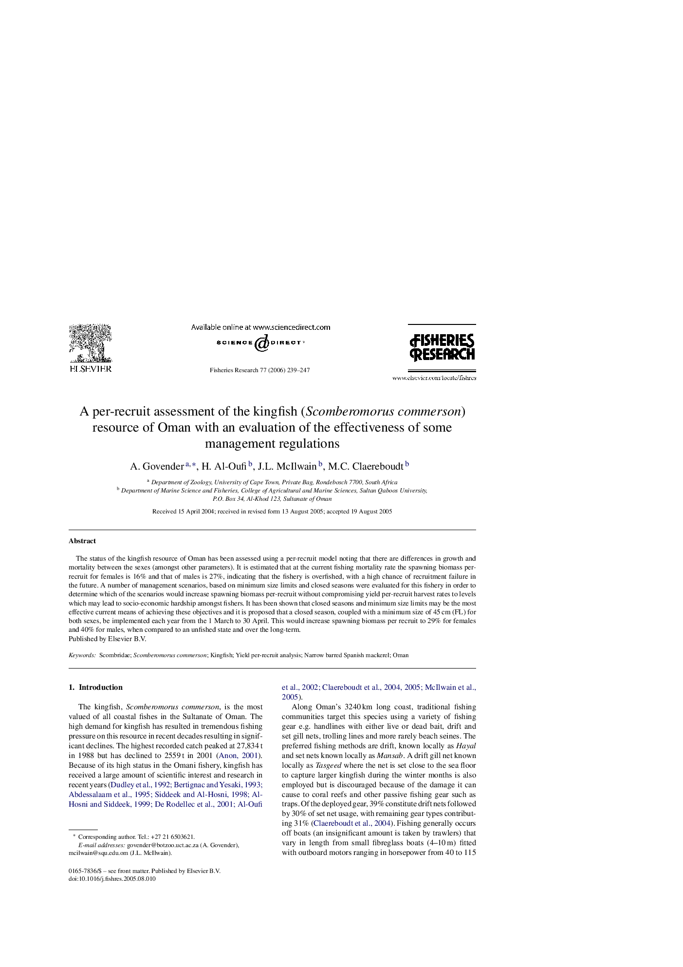 A per-recruit assessment of the kingfish (Scomberomorus commerson) resource of Oman with an evaluation of the effectiveness of some management regulations