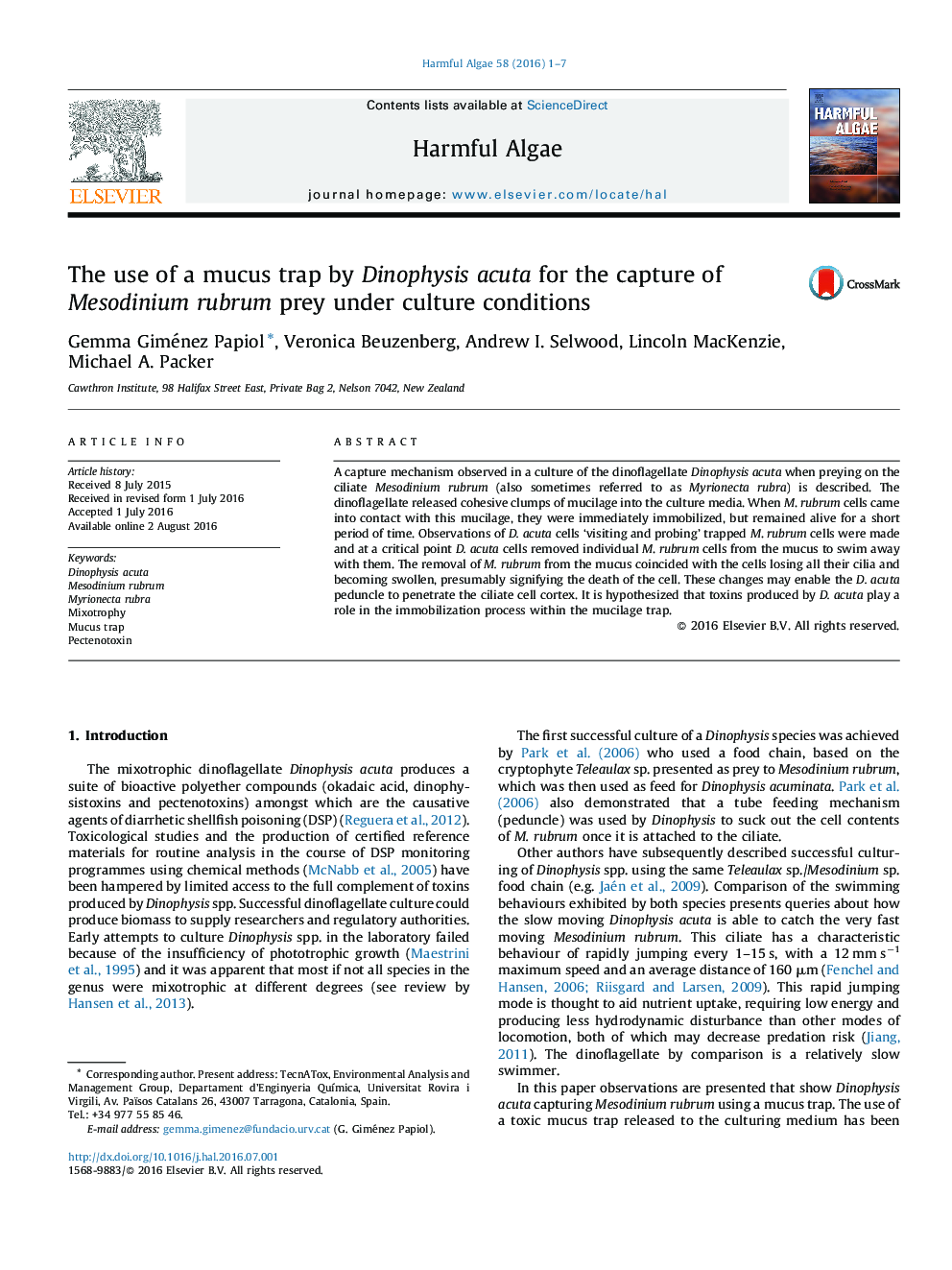 The use of a mucus trap by Dinophysis acuta for the capture of Mesodinium rubrum prey under culture conditions