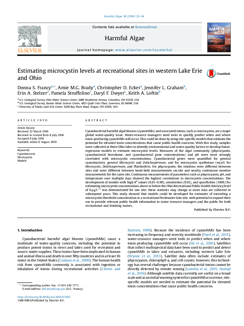 Estimating microcystin levels at recreational sites in western Lake Erie and Ohio