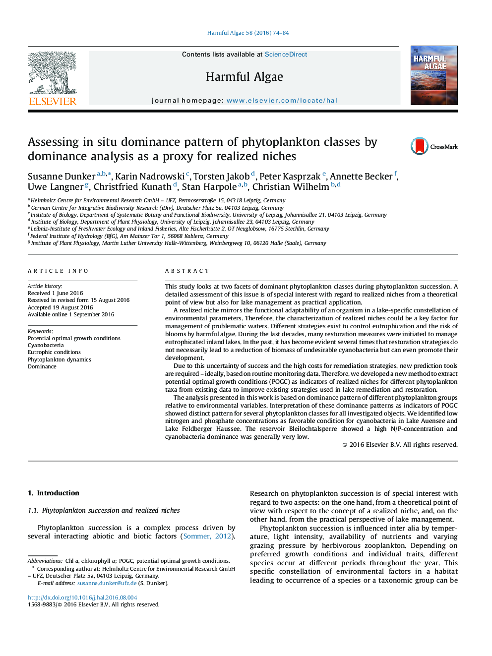 Assessing in situ dominance pattern of phytoplankton classes by dominance analysis as a proxy for realized niches