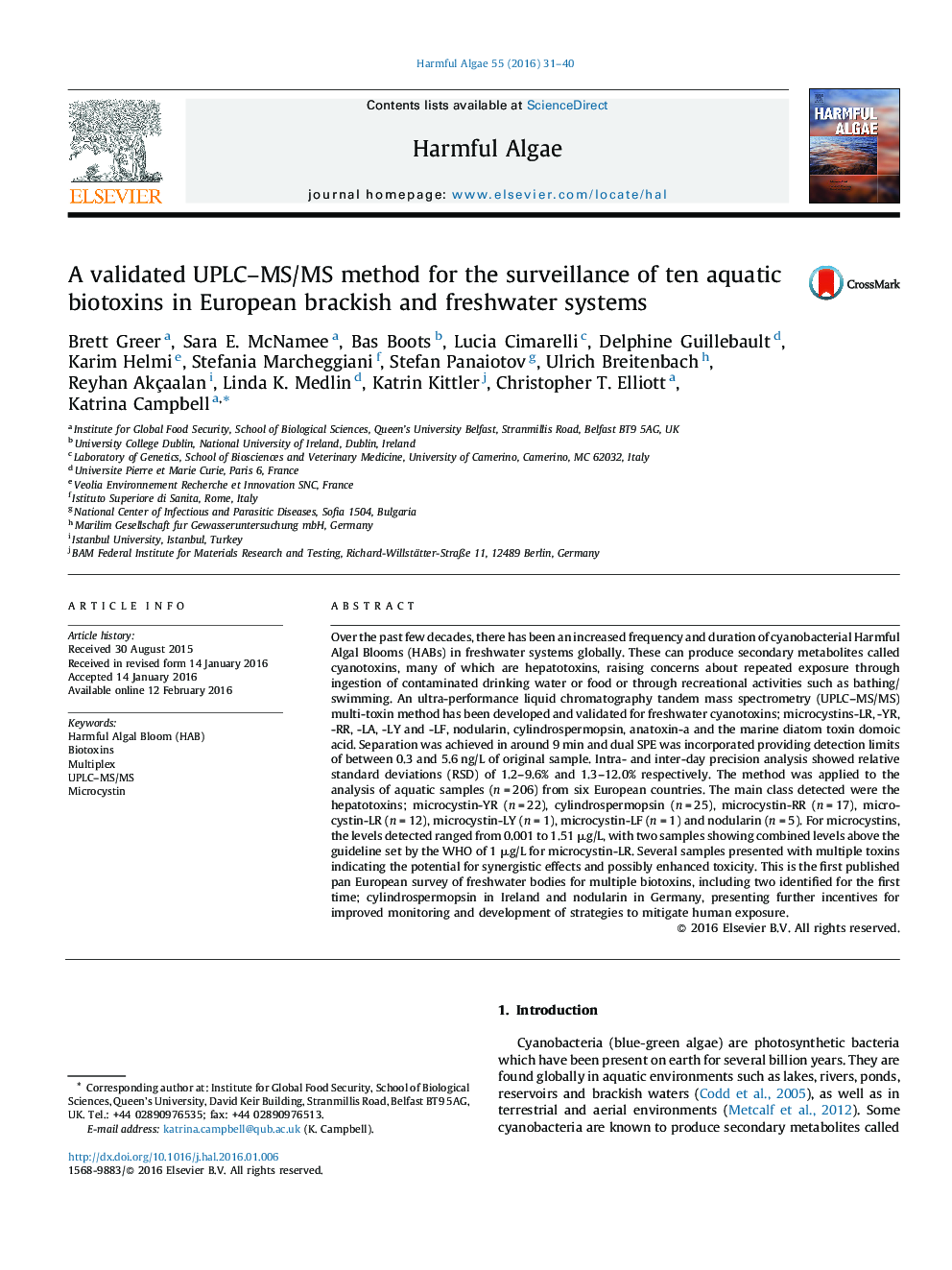 A validated UPLC–MS/MS method for the surveillance of ten aquatic biotoxins in European brackish and freshwater systems