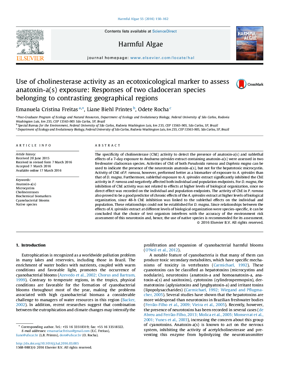 Use of cholinesterase activity as an ecotoxicological marker to assess anatoxin-a(s) exposure: Responses of two cladoceran species belonging to contrasting geographical regions