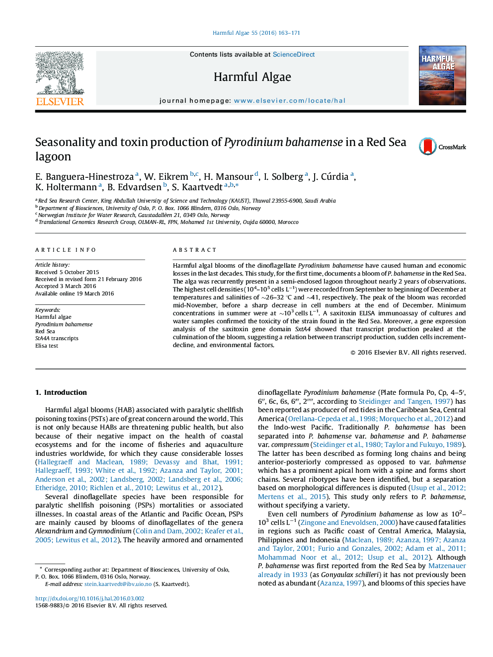 Seasonality and toxin production of Pyrodinium bahamense in a Red Sea lagoon