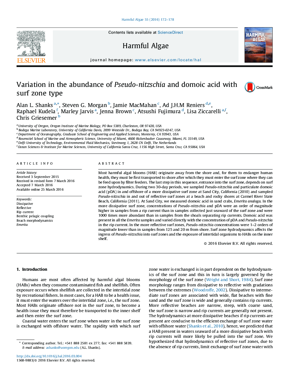 Variation in the abundance of Pseudo-nitzschia and domoic acid with surf zone type