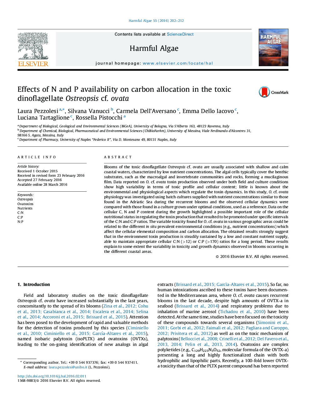 Effects of N and P availability on carbon allocation in the toxic dinoflagellate Ostreopsis cf. ovata