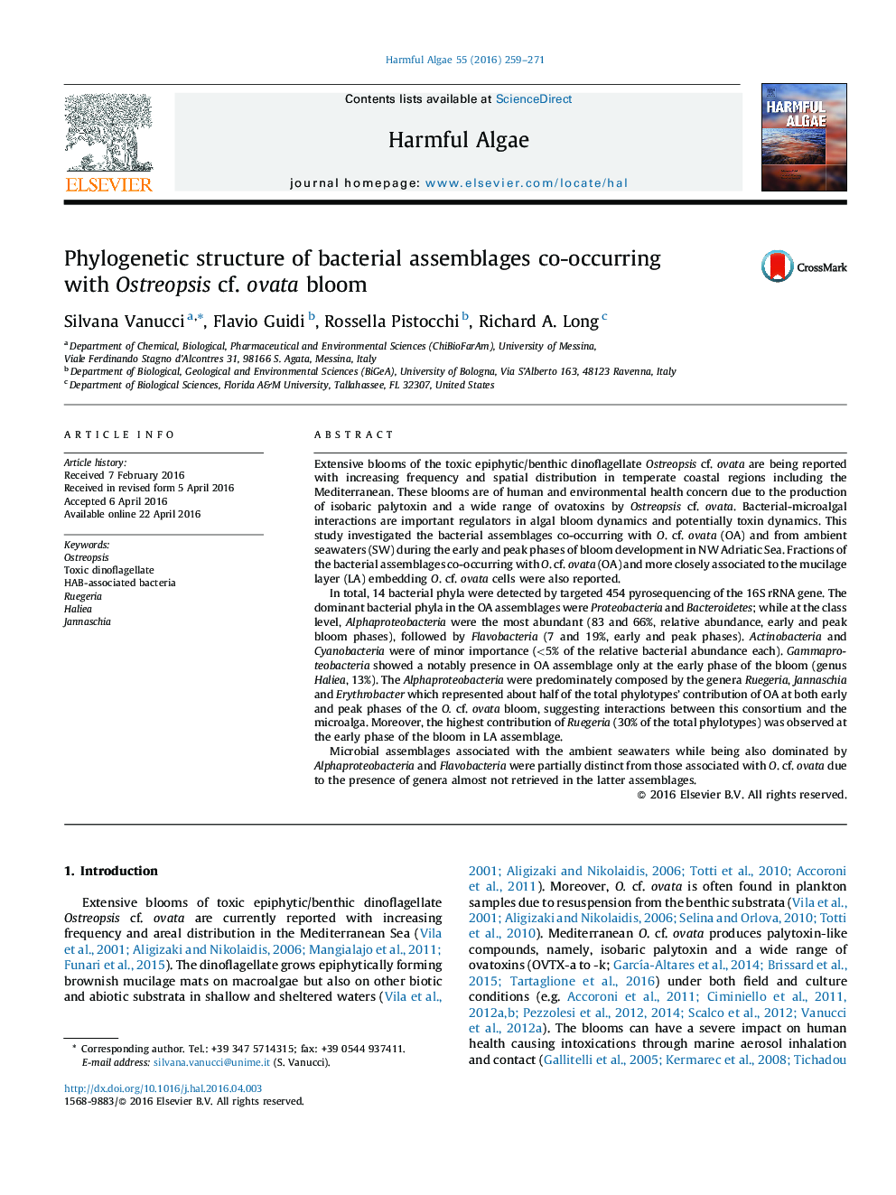 Phylogenetic structure of bacterial assemblages co-occurring with Ostreopsis cf. ovata bloom