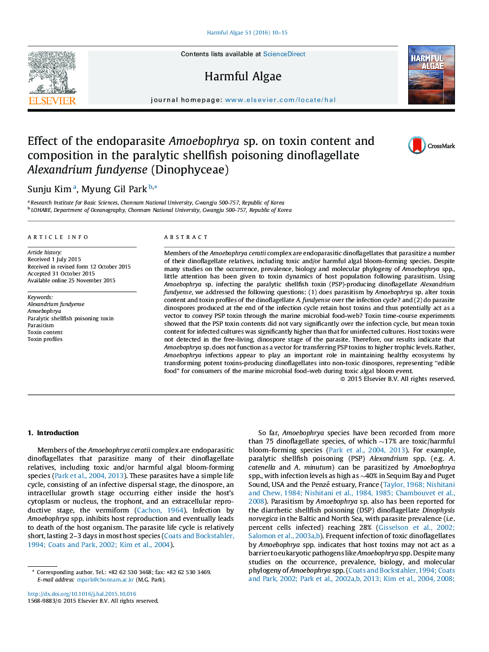 Effect of the endoparasite Amoebophrya sp. on toxin content and composition in the paralytic shellfish poisoning dinoflagellate Alexandrium fundyense (Dinophyceae)