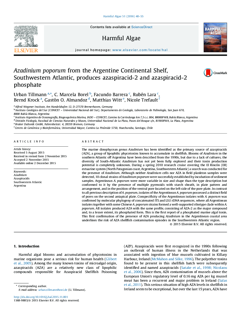 Azadinium poporum from the Argentine Continental Shelf, Southwestern Atlantic, produces azaspiracid-2 and azaspiracid-2 phosphate