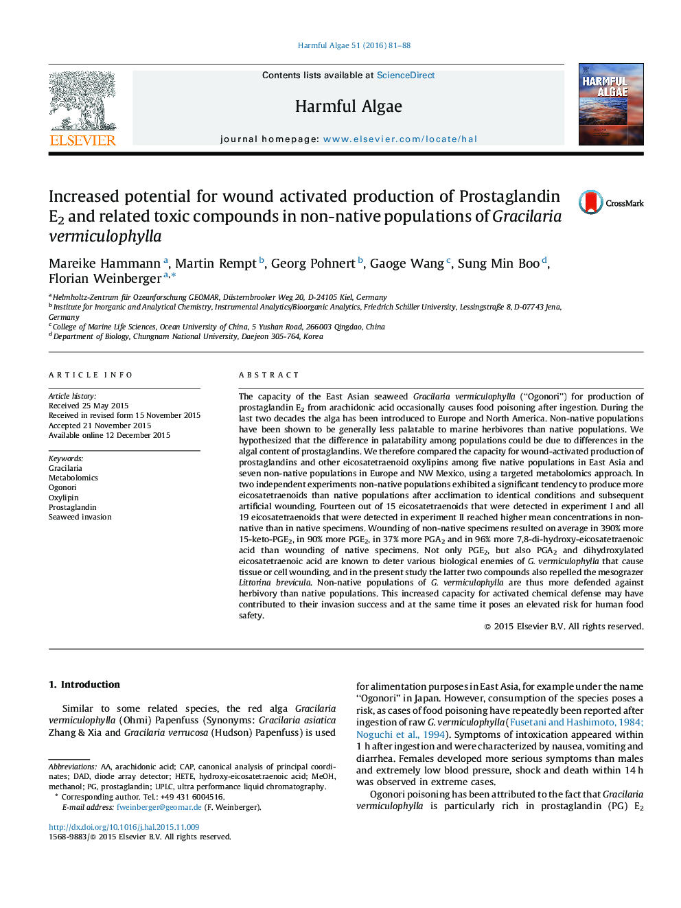 Increased potential for wound activated production of Prostaglandin E2 and related toxic compounds in non-native populations of Gracilaria vermiculophylla