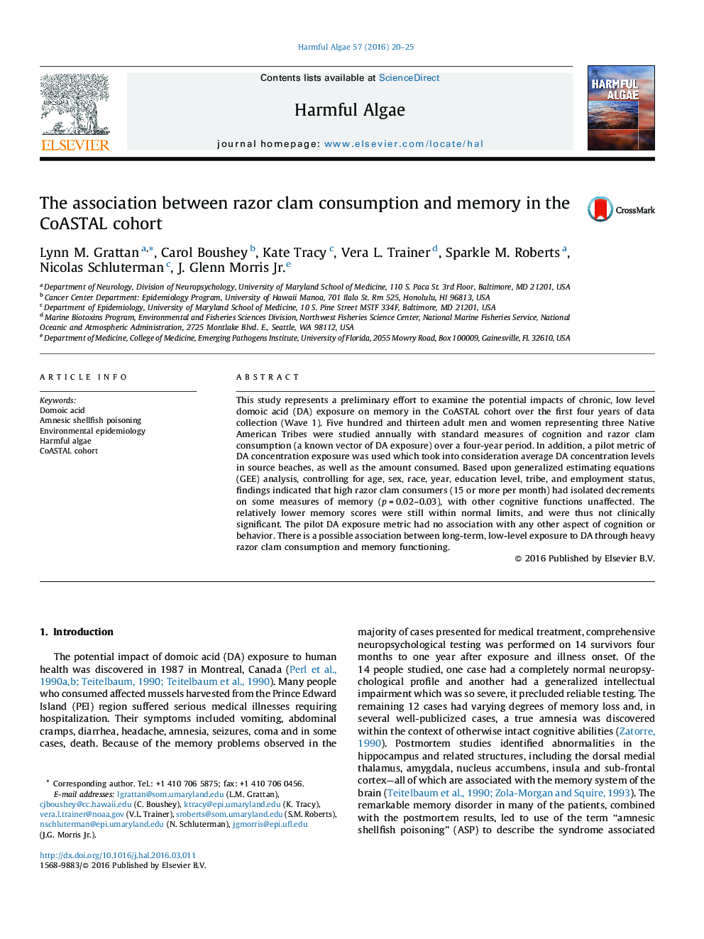 The association between razor clam consumption and memory in the CoASTAL cohort