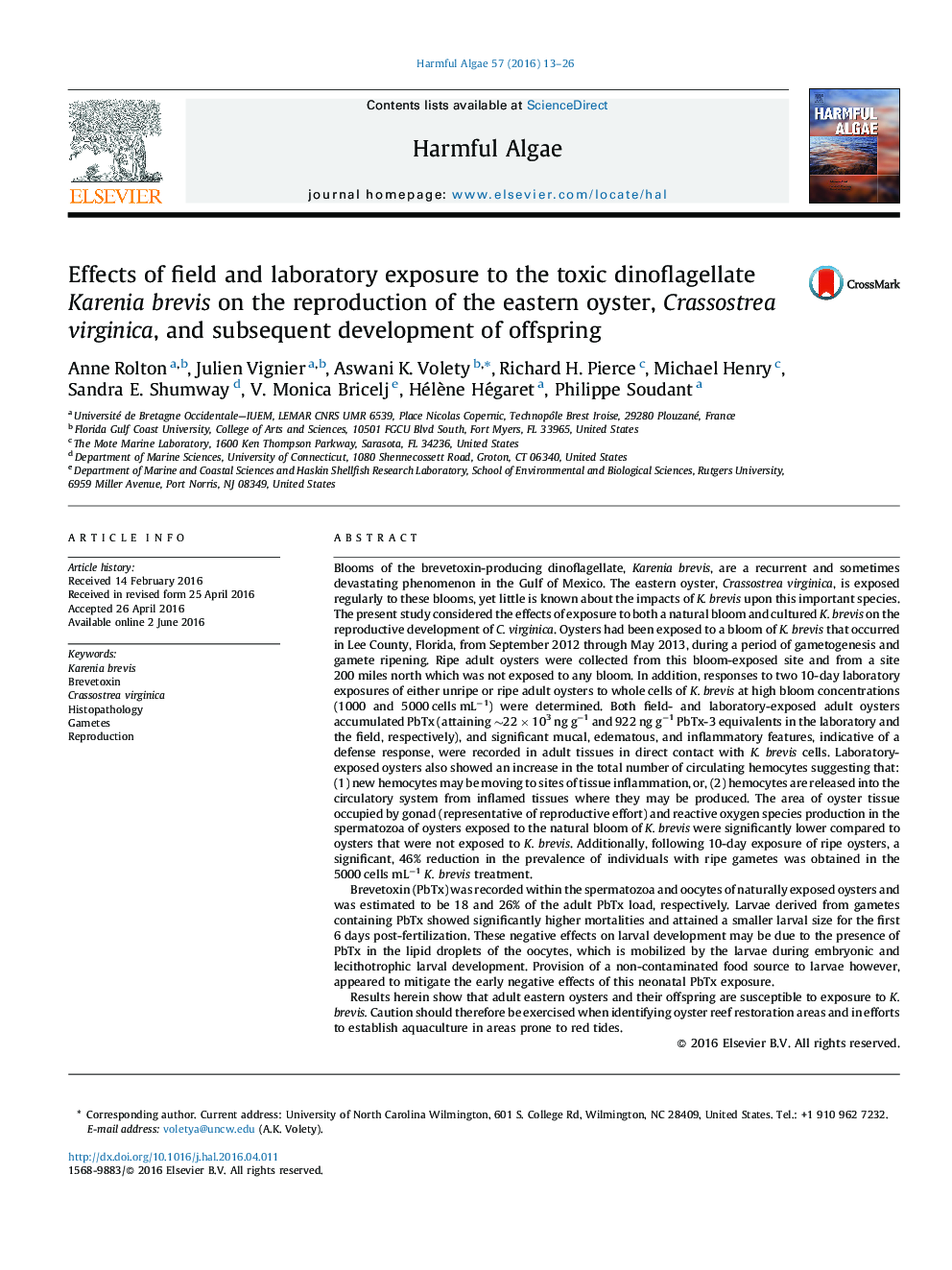 Effects of field and laboratory exposure to the toxic dinoflagellate Karenia brevis on the reproduction of the eastern oyster, Crassostrea virginica, and subsequent development of offspring