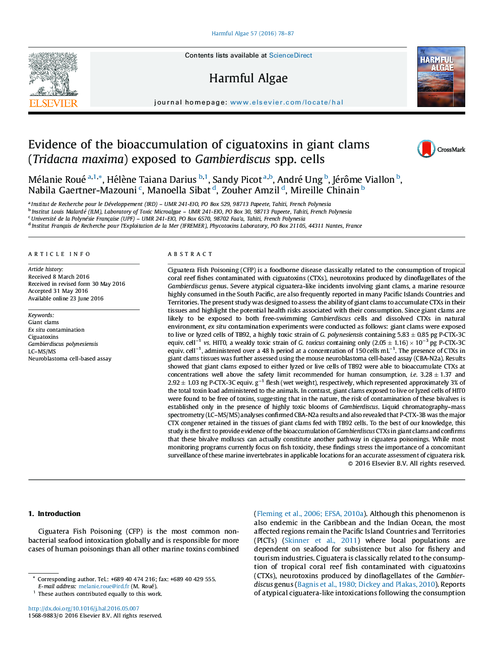 Evidence of the bioaccumulation of ciguatoxins in giant clams (Tridacna maxima) exposed to Gambierdiscus spp. cells