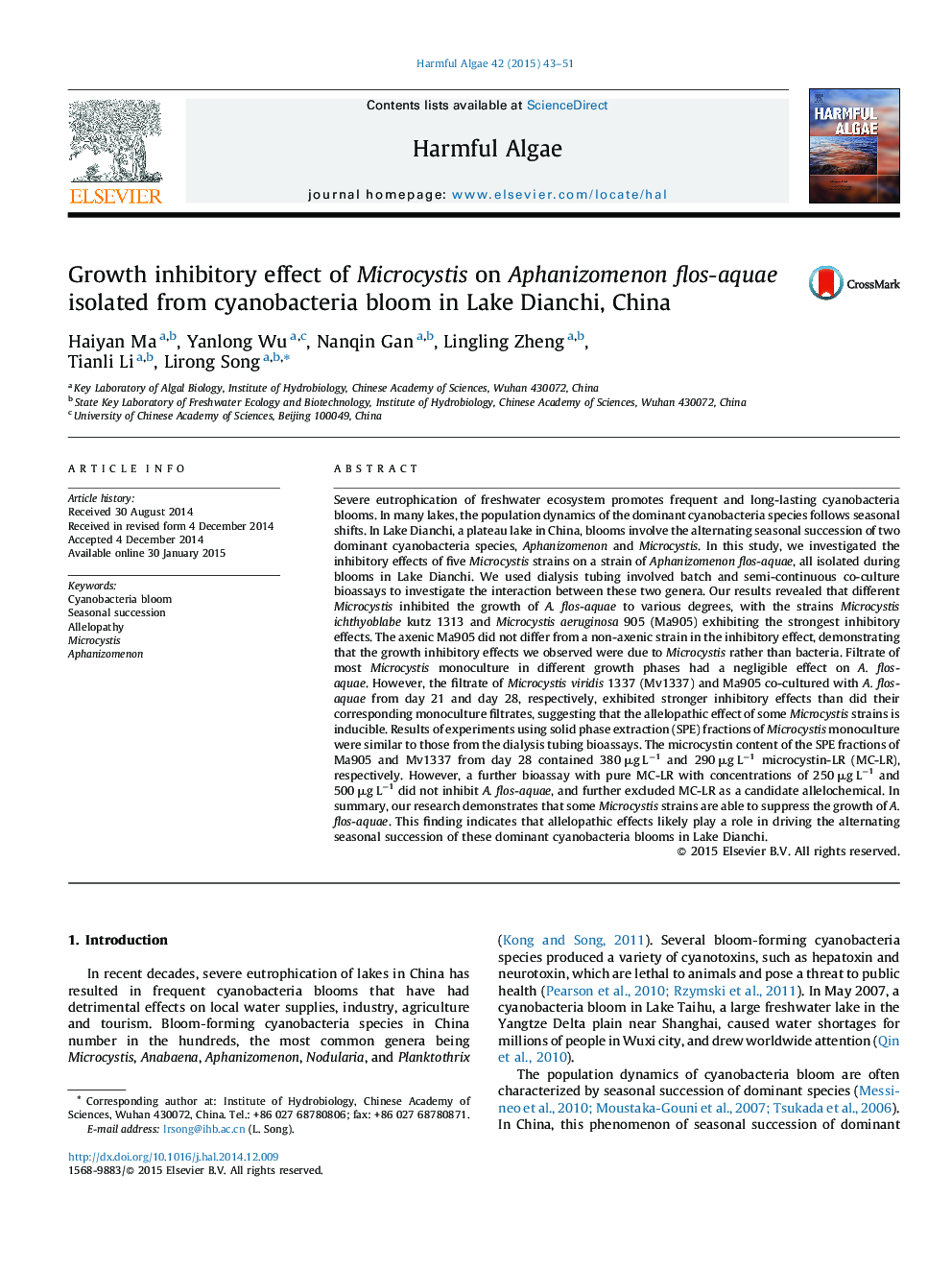 Growth inhibitory effect of Microcystis on Aphanizomenon flos-aquae isolated from cyanobacteria bloom in Lake Dianchi, China