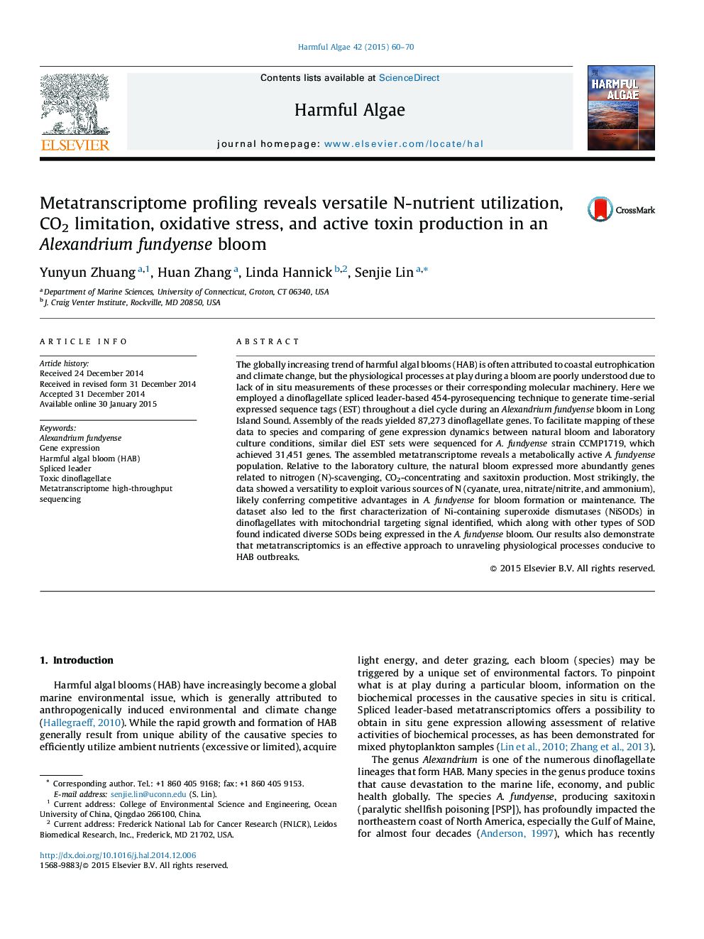 Metatranscriptome profiling reveals versatile N-nutrient utilization, CO2 limitation, oxidative stress, and active toxin production in an Alexandrium fundyense bloom