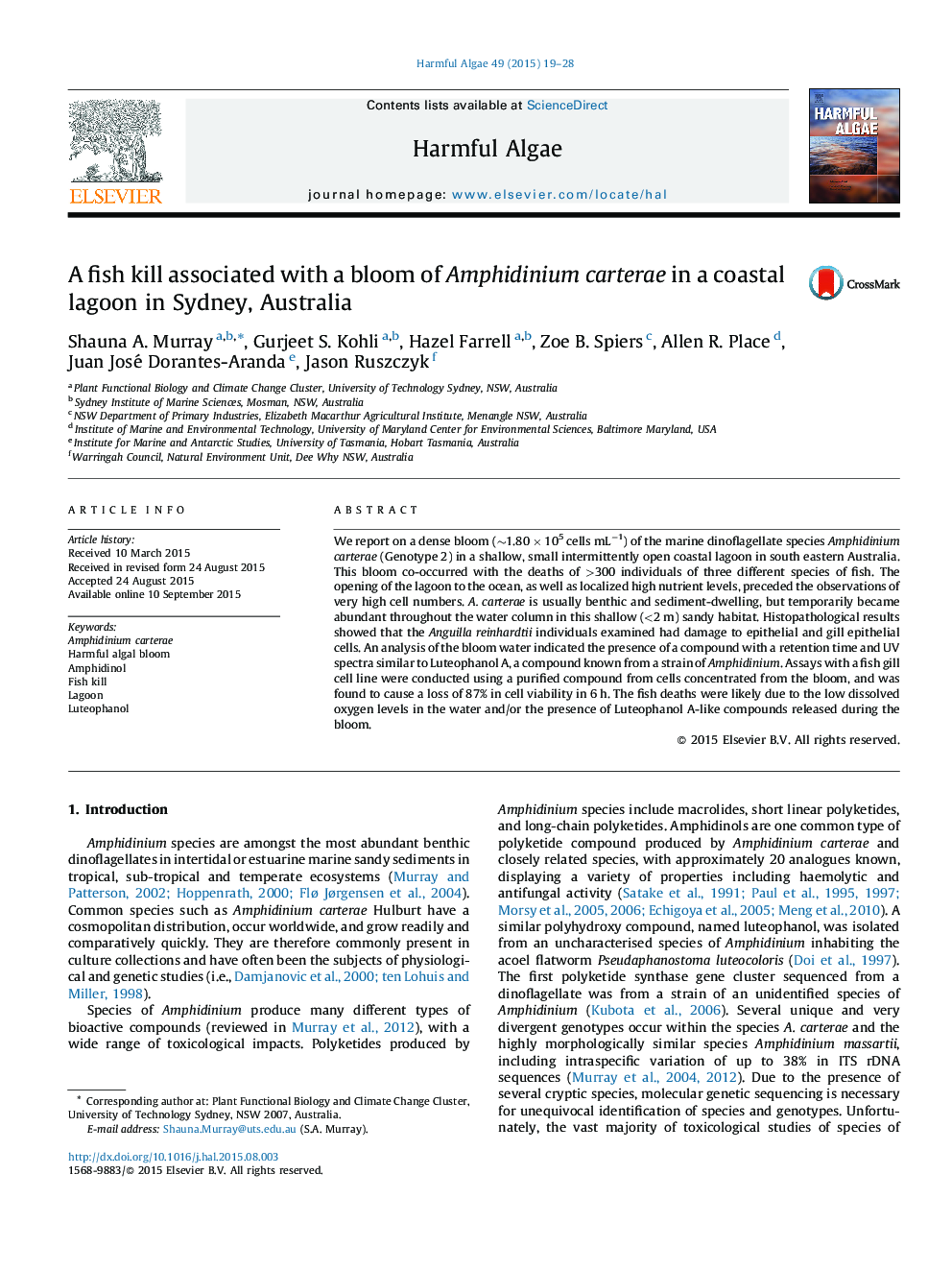 A fish kill associated with a bloom of Amphidinium carterae in a coastal lagoon in Sydney, Australia