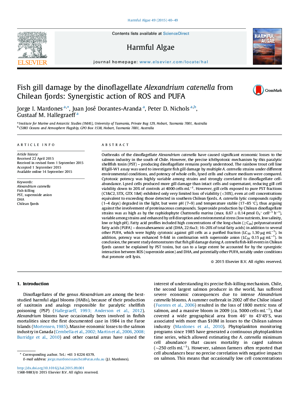 Fish gill damage by the dinoflagellate Alexandrium catenella from Chilean fjords: Synergistic action of ROS and PUFA