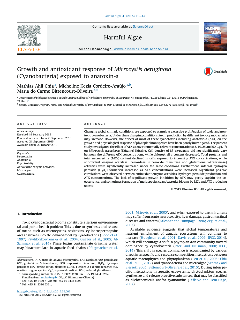 Growth and antioxidant response of Microcystis aeruginosa (Cyanobacteria) exposed to anatoxin-a