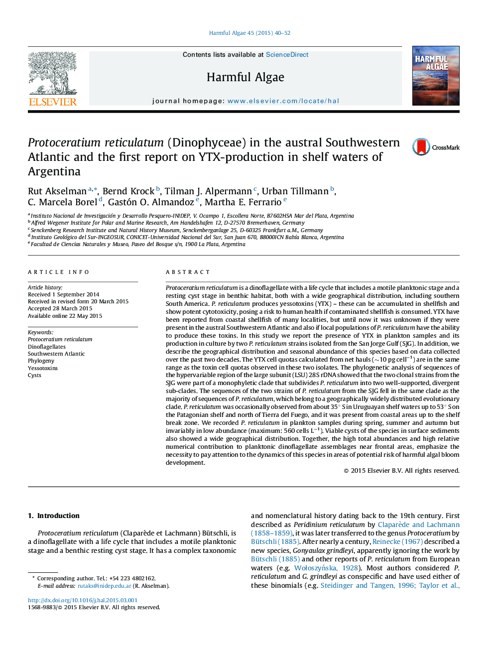 Protoceratium reticulatum (Dinophyceae) in the austral Southwestern Atlantic and the first report on YTX-production in shelf waters of Argentina